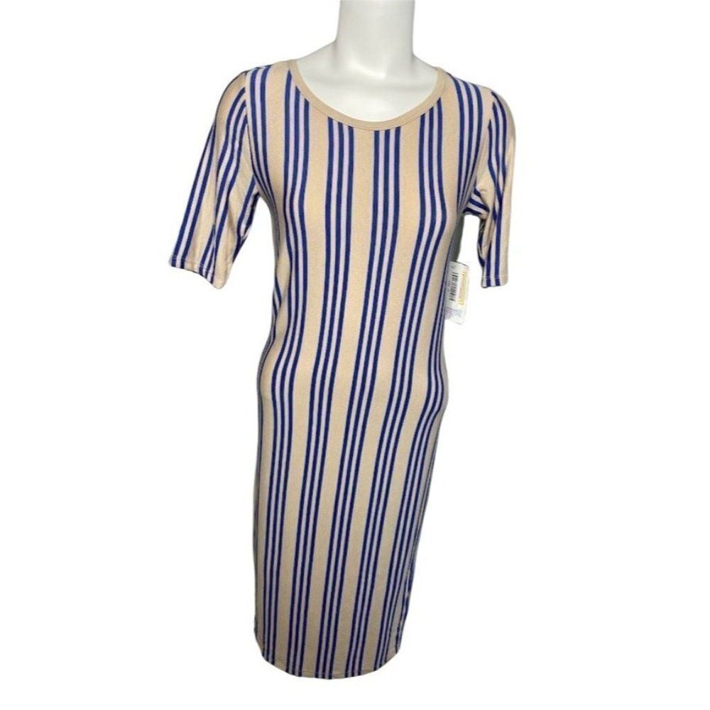 LuLaRoe Julia Beige Blue Stripe Bodycon Stretch Soft Dress Small NEW